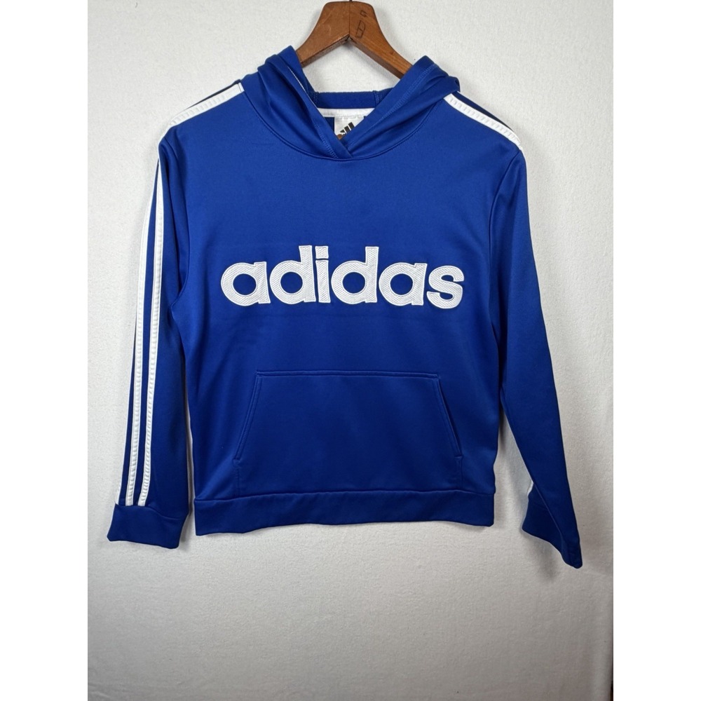 Adidas Hoodie Sweatshirt Pullover Youth Large  14/16 Blue White 3 stripes  Gym